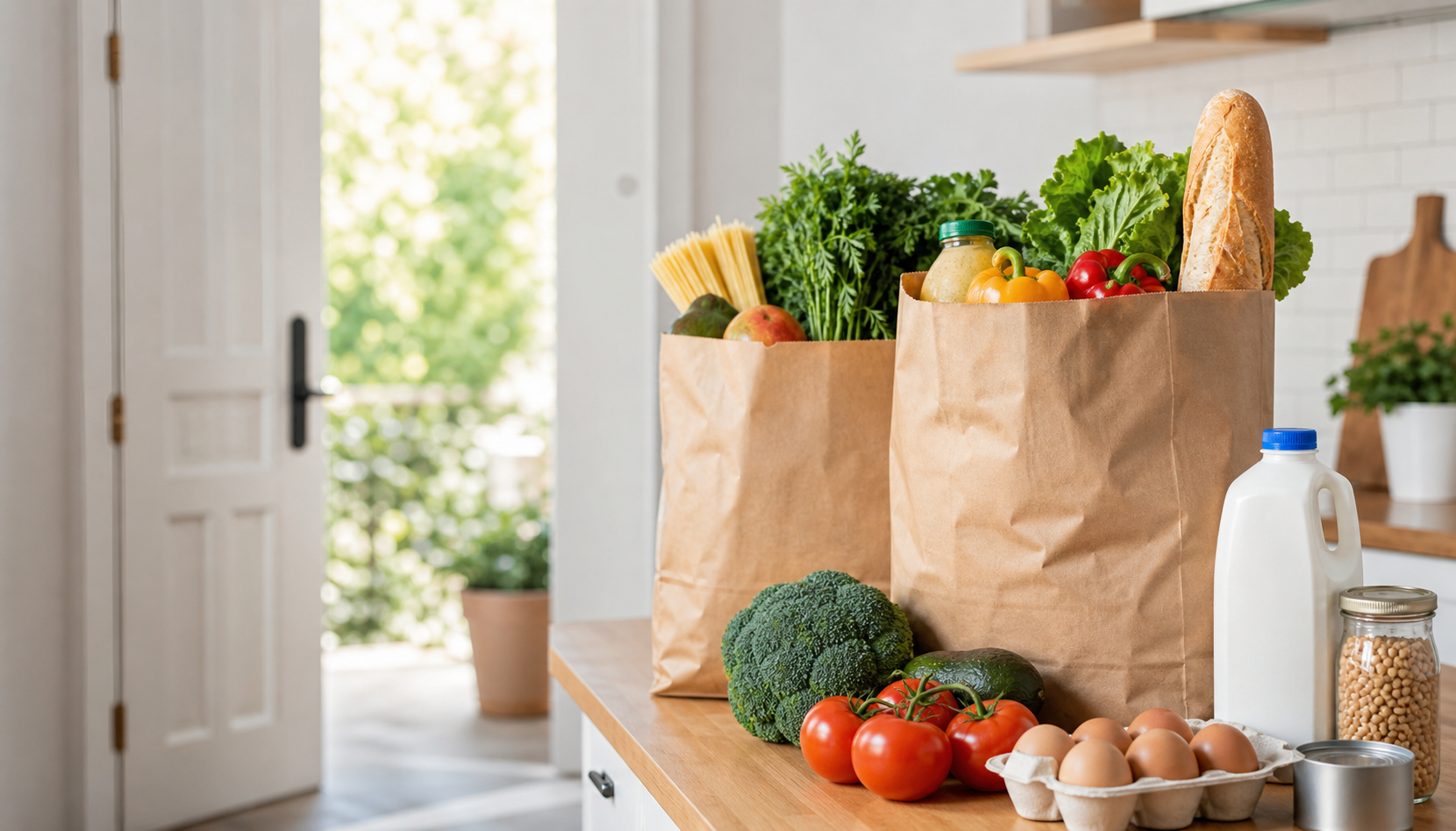 Fresh groceries delivered in paper bags on a clean kitchen counter